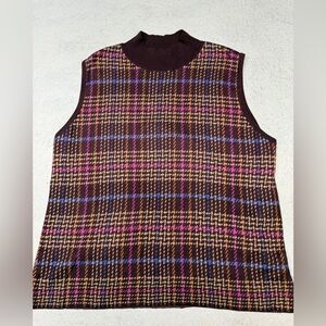 NWOT Ann Taylor Pink Burgundy Plaid Jacquard Mock Neck Sweater Tank Size L